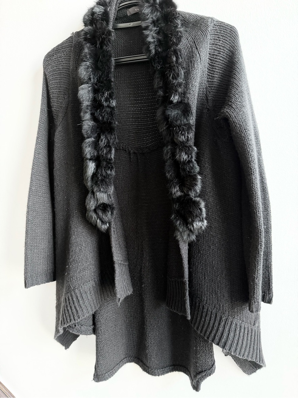 Fever Black Open-Front Sweater Cardigan with Faux Fur Trim